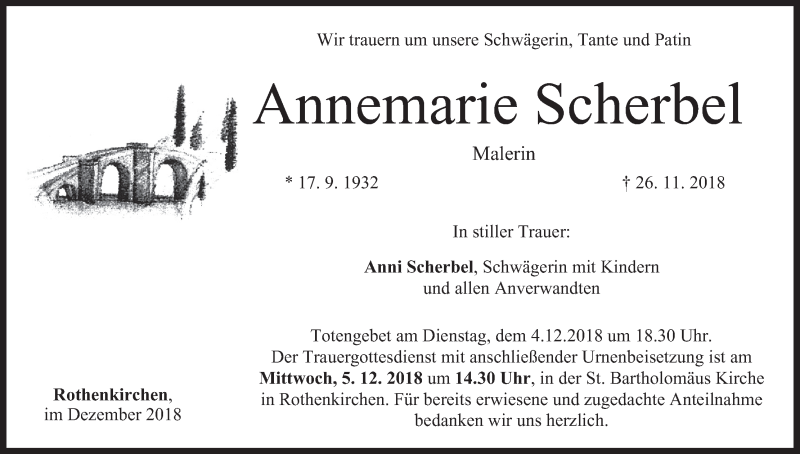  Traueranzeige für Annemarie Scherbel vom 03.12.2018 aus MGO