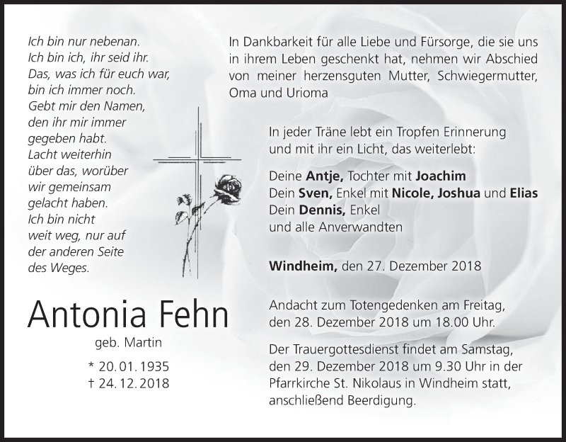  Traueranzeige für Antonia Fehn vom 27.12.2018 aus MGO