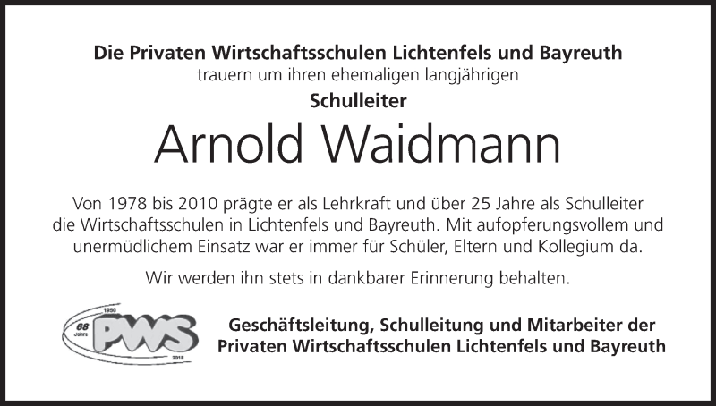  Traueranzeige für Arnold Waidmann vom 19.12.2018 aus MGO