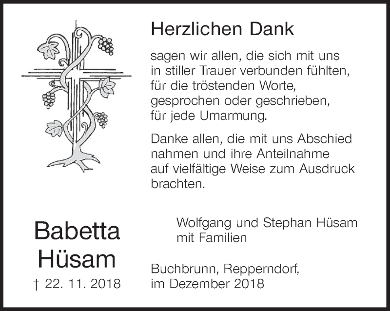  Traueranzeige für Babetta Hüsam vom 08.12.2018 aus MGO