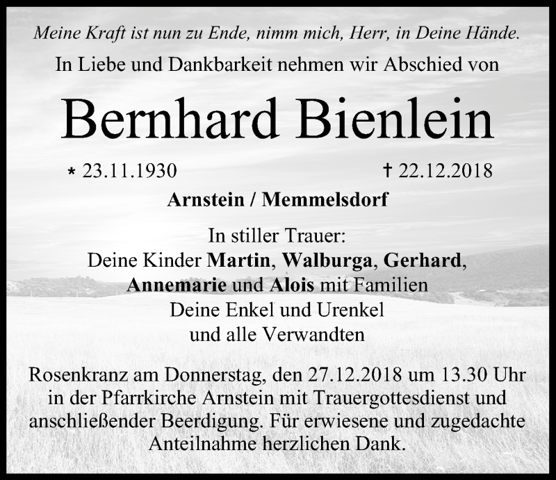  Traueranzeige für Bernhard Bienlein vom 24.12.2018 aus MGO