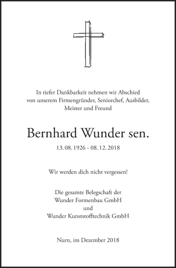 Anzeige von Bernhard Wunder von MGO