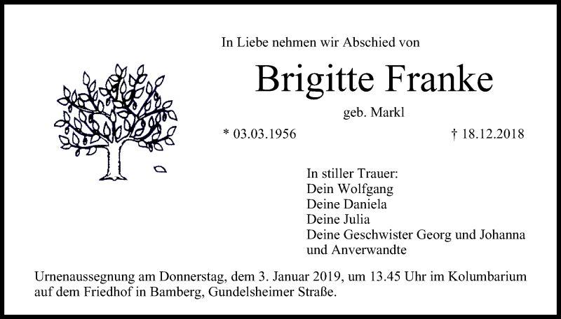  Traueranzeige für Brigitte Franke vom 29.12.2018 aus MGO