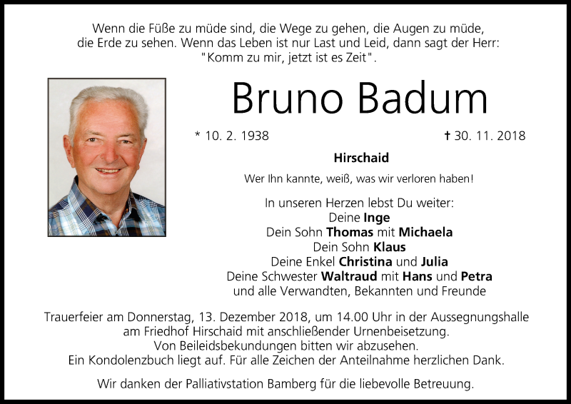  Traueranzeige für Bruno Badum vom 08.12.2018 aus MGO