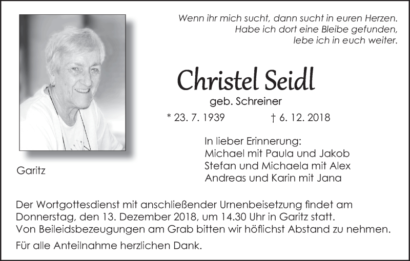  Traueranzeige für Christel Seidl vom 10.12.2018 aus MGO