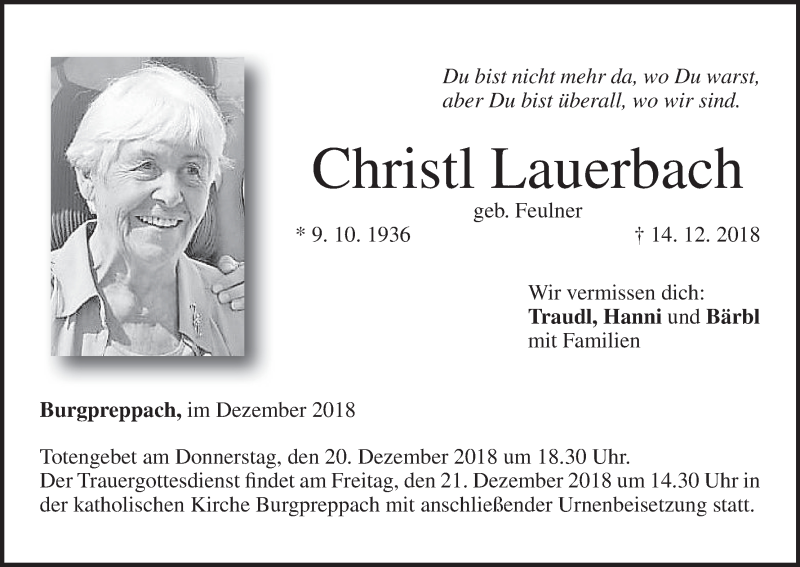  Traueranzeige für Christl Lauerbach vom 19.12.2018 aus MGO