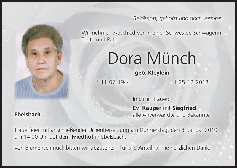  Traueranzeige für Dora Münch vom 31.12.2018 aus MGO