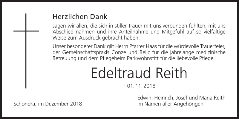  Traueranzeige für Edeltraud Reith vom 08.12.2018 aus MGO
