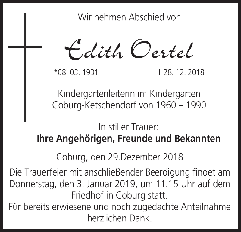  Traueranzeige für Edith Oertel vom 29.12.2018 aus MGO