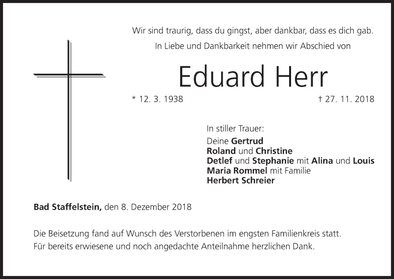  Traueranzeige für Eduard Herr vom 08.12.2018 aus MGO