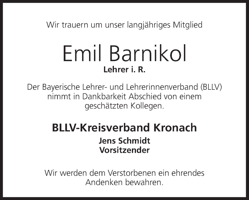  Traueranzeige für Emil Barnikol vom 21.12.2018 aus MGO