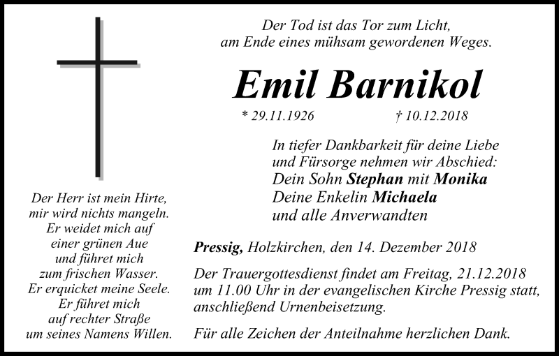 Traueranzeige für Emil Barnikol vom 14.12.2018 aus MGO