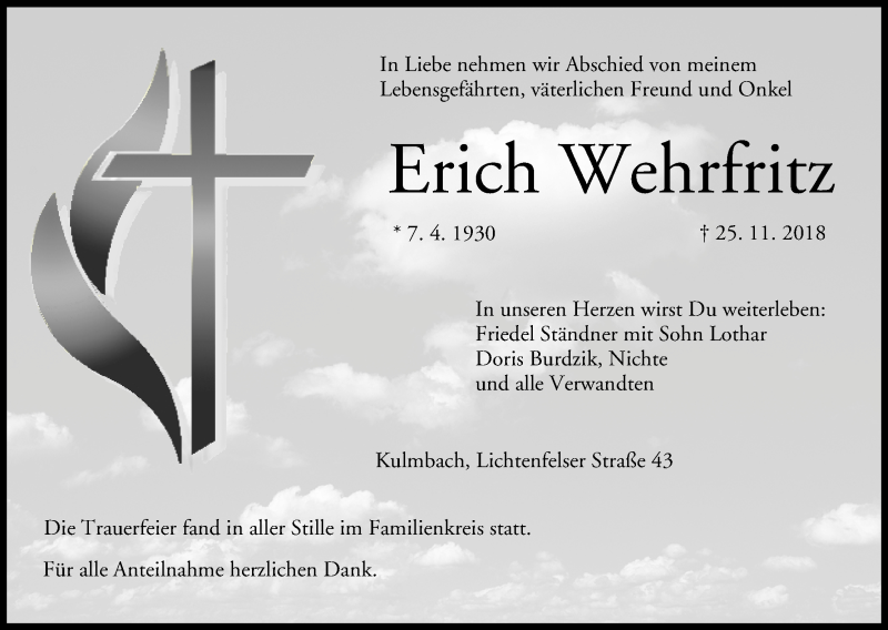  Traueranzeige für Erich Wehrfritz vom 01.12.2018 aus MGO