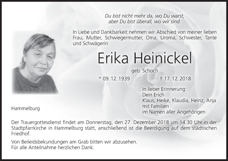  Traueranzeige für Erika Heinickel vom 22.12.2018 aus MGO