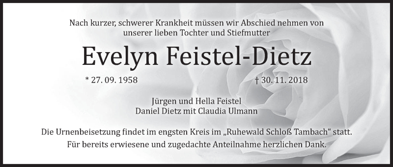  Traueranzeige für Evelyn Feistel-Dietz vom 15.12.2018 aus MGO