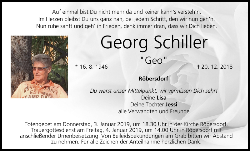  Traueranzeige für Georg Schiller vom 29.12.2018 aus MGO