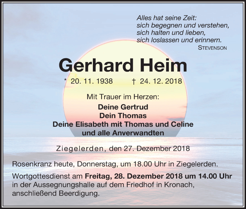  Traueranzeige für Gerhard Heim vom 27.12.2018 aus MGO