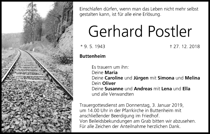  Traueranzeige für Gerhard Postler vom 29.12.2018 aus MGO