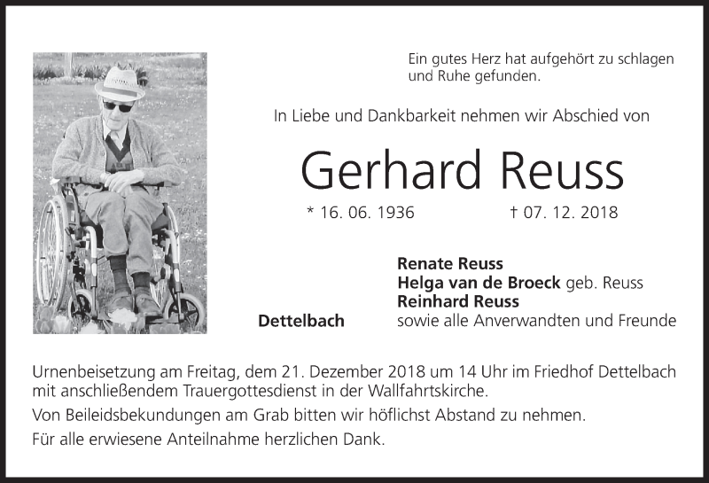  Traueranzeige für Gerhard Reuss vom 18.12.2018 aus MGO