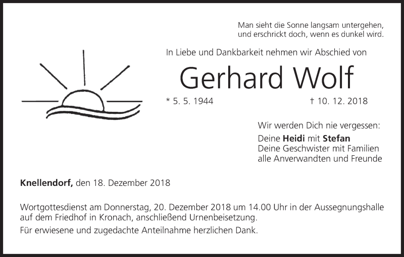  Traueranzeige für Gerhard Wolf vom 18.12.2018 aus MGO