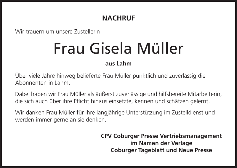  Traueranzeige für Gisela Müller vom 06.12.2018 aus MGO