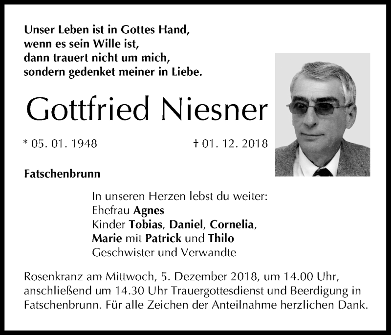  Traueranzeige für Gottfried Niesner vom 04.12.2018 aus MGO