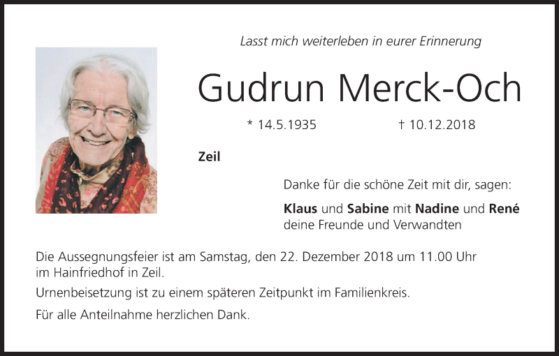  Traueranzeige für Gudrun Merck-Och vom 19.12.2018 aus MGO