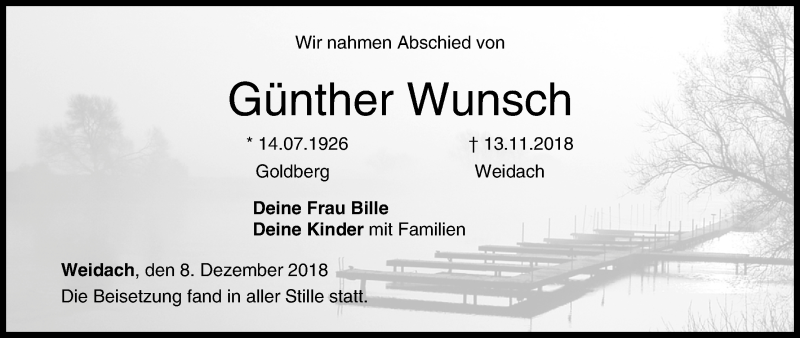  Traueranzeige für Günther Wunsch vom 08.12.2018 aus MGO