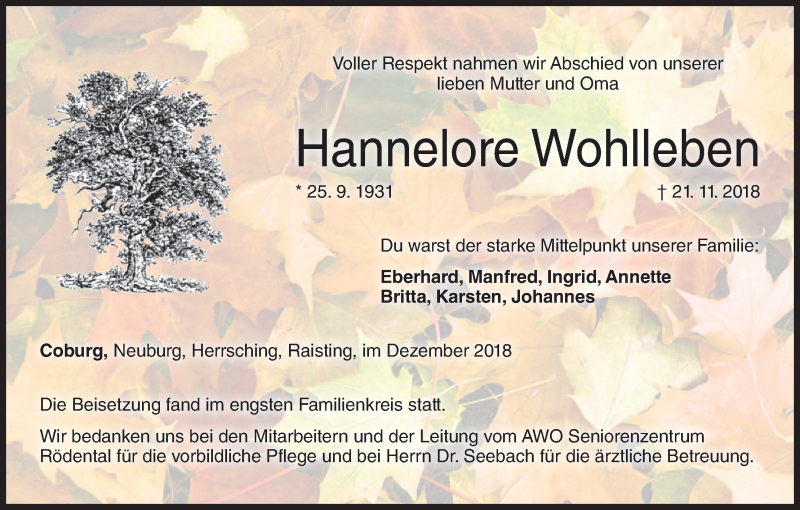  Traueranzeige für Hannelore Wohlleben vom 05.12.2018 aus MGO
