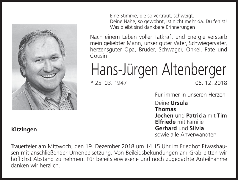  Traueranzeige für Hans-Jürgen Altenberger vom 15.12.2018 aus MGO