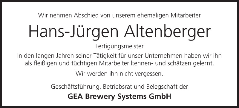  Traueranzeige für Hans-Jürgen Altenberger vom 18.12.2018 aus MGO