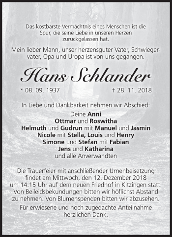 Anzeige von Hans Schlander von MGO