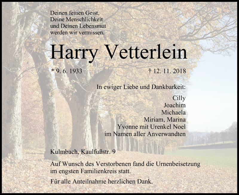  Traueranzeige für Harry Vetterlein vom 01.12.2018 aus MGO