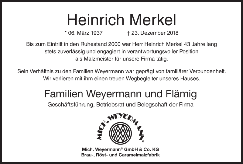  Traueranzeige für Heinrich Merkel vom 29.12.2018 aus MGO