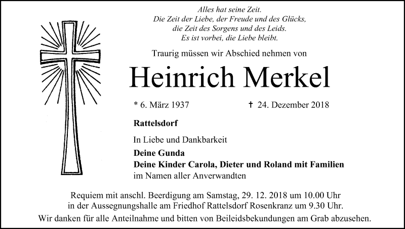  Traueranzeige für Heinrich Merkel vom 27.12.2018 aus MGO