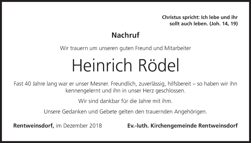 Traueranzeige für Heinrich Rödel vom 07.12.2018 aus MGO