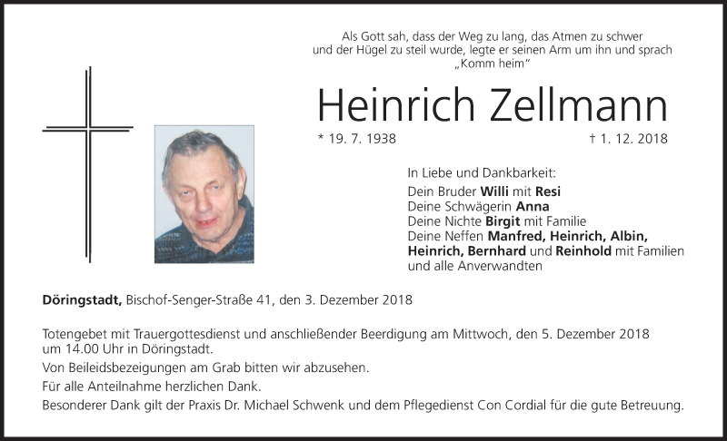  Traueranzeige für Heinrich Zellmann vom 03.12.2018 aus MGO