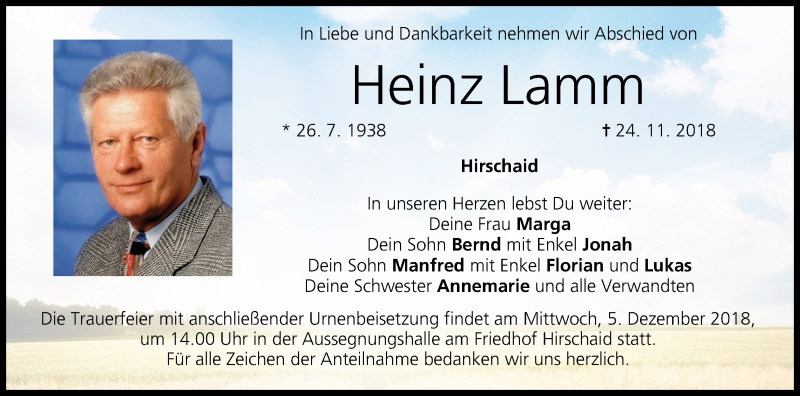  Traueranzeige für Heinz Lamm vom 01.12.2018 aus MGO