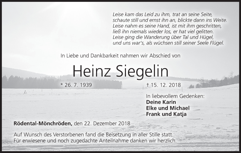  Traueranzeige für Heinz Siegelin vom 22.12.2018 aus MGO
