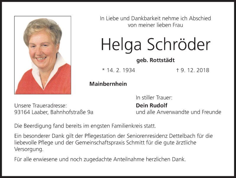  Traueranzeige für Helga Schröder vom 22.12.2018 aus MGO