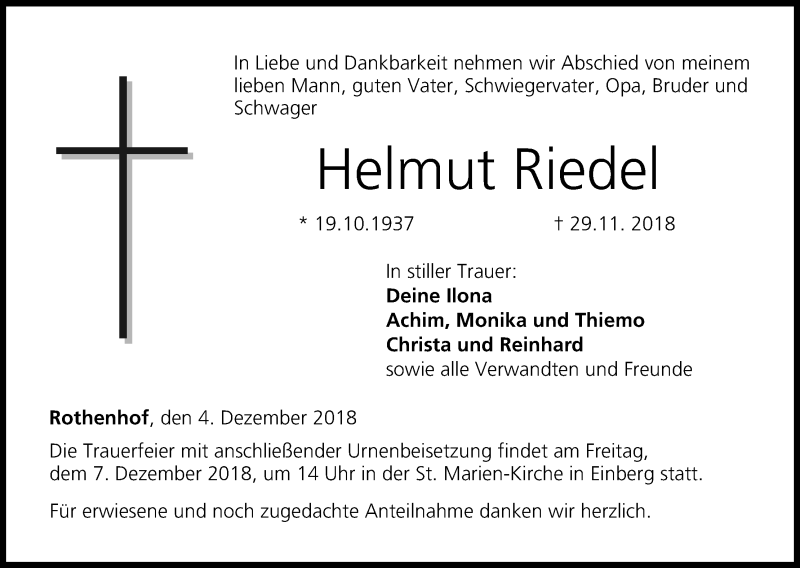  Traueranzeige für Helmut Riedel vom 04.12.2018 aus MGO