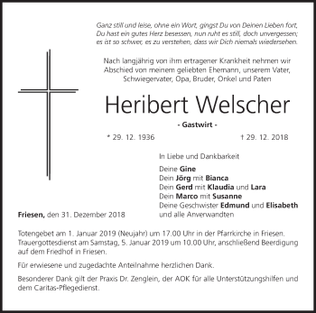 Anzeige von Heribert Welscher von MGO