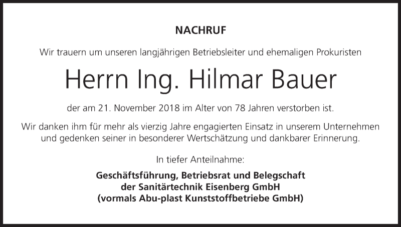  Traueranzeige für Hilmar Bauer vom 01.12.2018 aus MGO