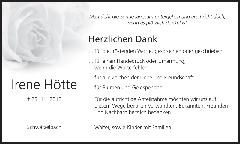  Traueranzeige für Irene Hötte vom 08.12.2018 aus MGO