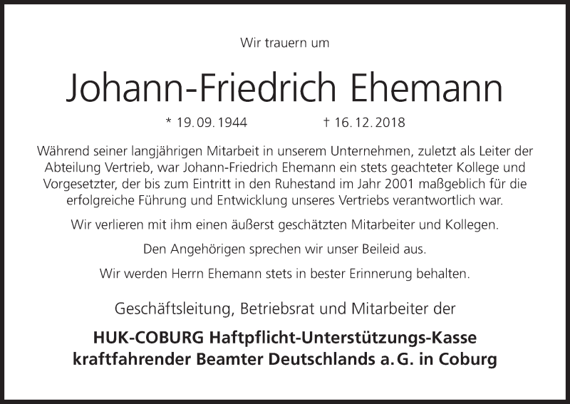  Traueranzeige für Johann-Friedrich Ehemann vom 20.12.2018 aus MGO