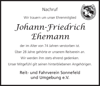 Anzeige von Johann-Friedrich Ehemann von MGO
