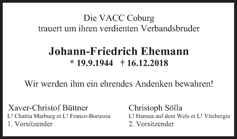  Traueranzeige für Johann-Friedrich Ehemann vom 21.12.2018 aus MGO
