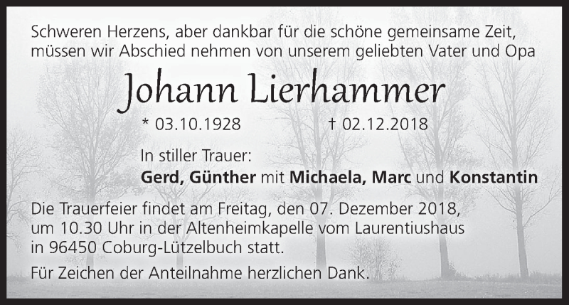  Traueranzeige für Johann Lierhammer vom 05.12.2018 aus MGO