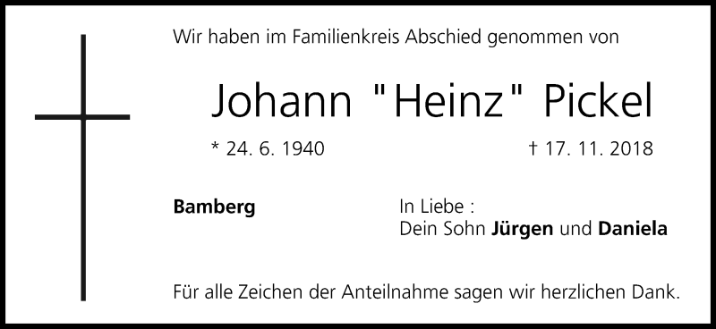  Traueranzeige für Johann Pickel vom 01.12.2018 aus MGO