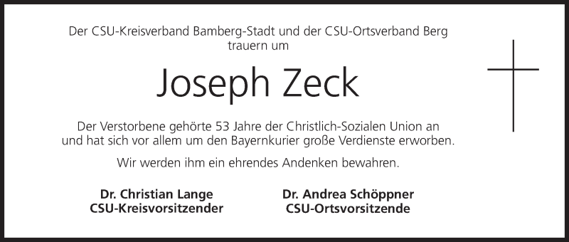  Traueranzeige für Joseph Zeck vom 11.12.2018 aus MGO